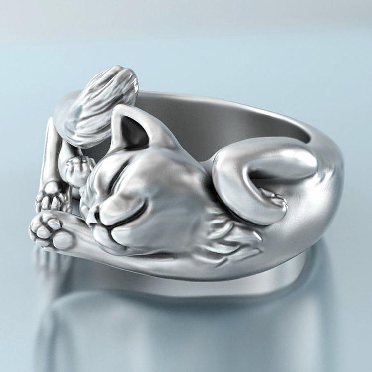 925 Sterling Silver Sleeping Cat Ring