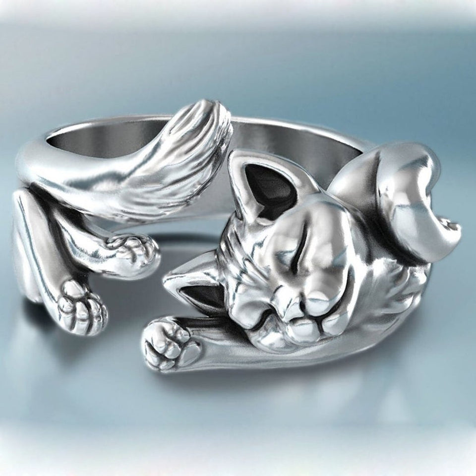 925 Sterling Silver Sleeping Cat Ring